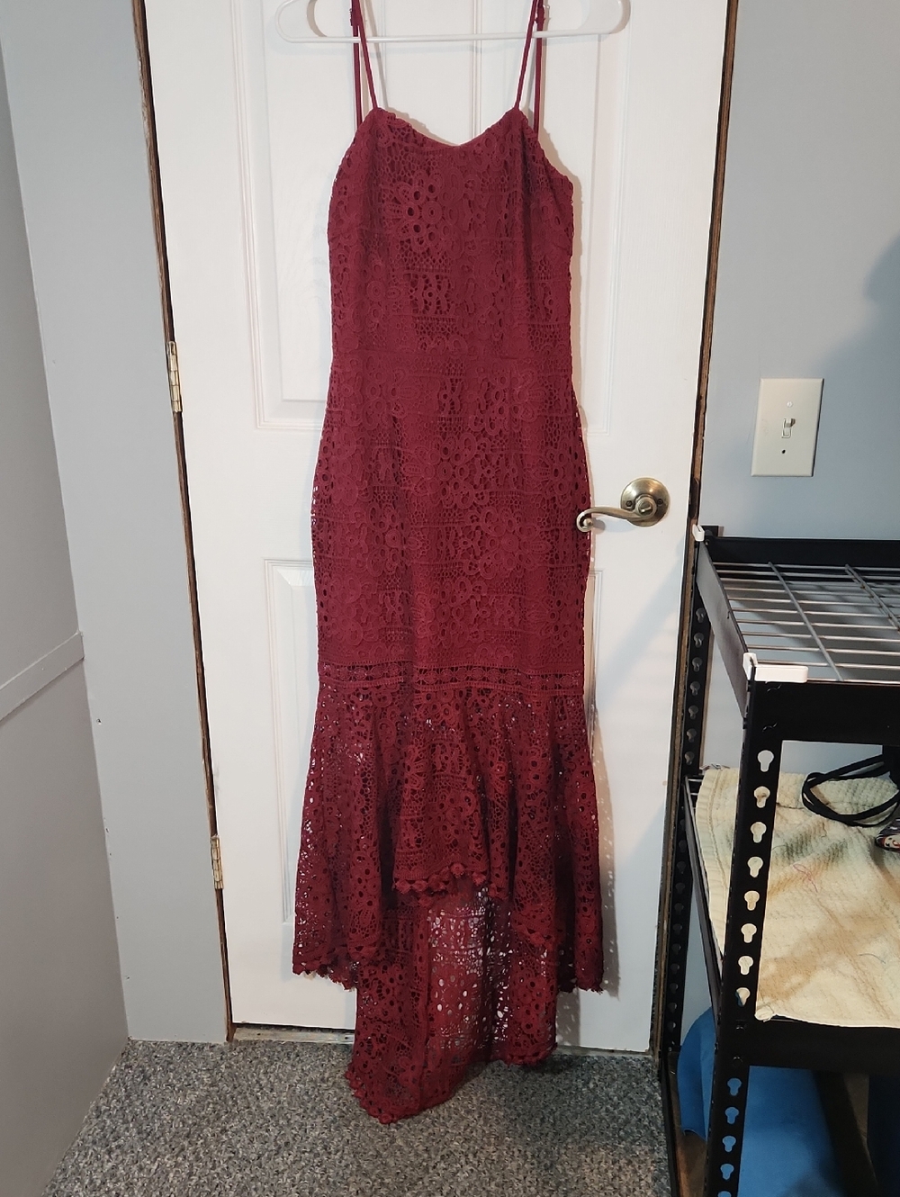 Mesina Wine Lace High-Low Spaghetti Strap Dress
